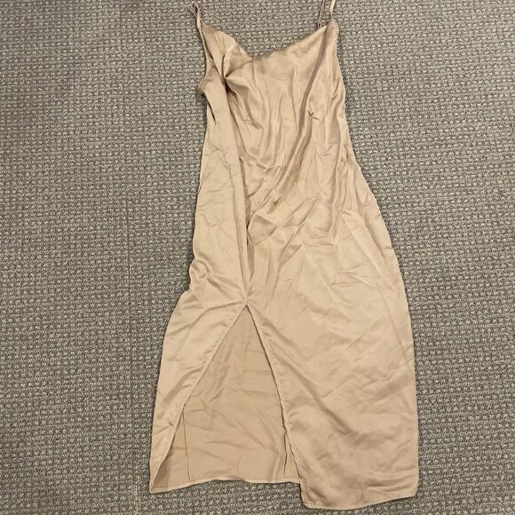 PrettyLittleThing Dress Womens 10 Rust Cowl Neck Satin Midi Tan Slit Nude - Picture 1 of 6